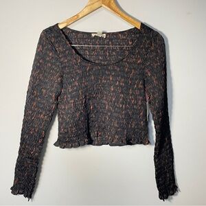 Open Edit Brown Black Long Sleeve Ruched Crop Top women’s size Medium